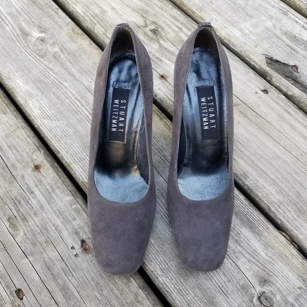 Vintage 90s Stuart Weitzman Gray Suede Square Toe Crocodile Grain Chunky Heels 7